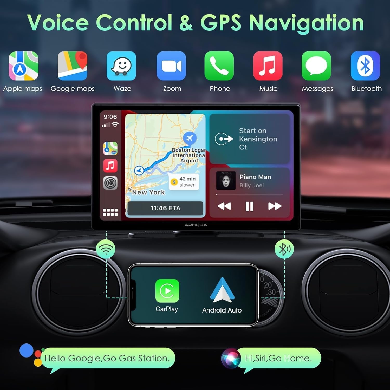 New Wireless App-Le Carplay & Android Auto with 2.5K Dash Cam,1080P Backup Camera, Portable 9" HD IPS Big Screen for Car, GPS Navigation, Bluetooth, Airplay, Mirrorcast, AUX/FM Transmitter