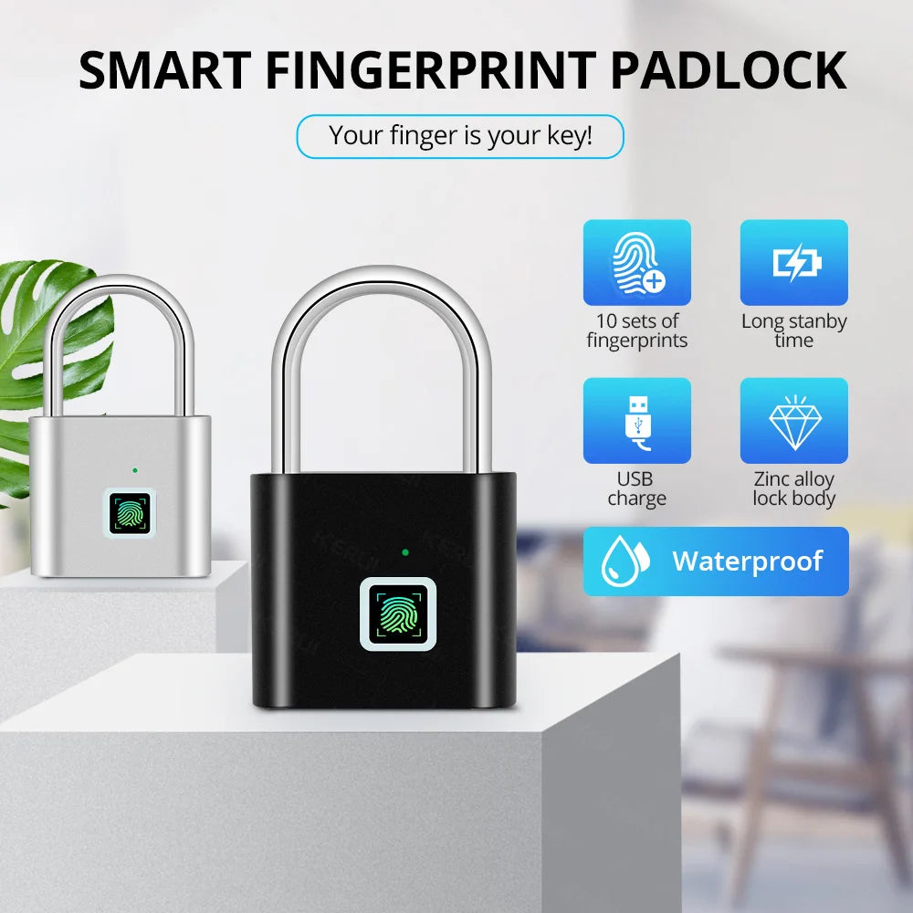 Keyless USB Rechargeable Fingerprint Smart Padlock - Waterproof Anti-Theft Zinc Lock with 0.2 Sec Unlocking Time