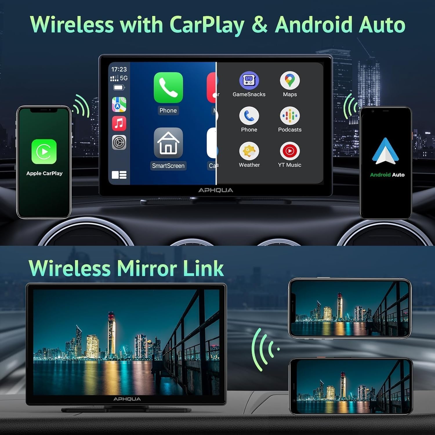 New Wireless App-Le Carplay & Android Auto with 2.5K Dash Cam,1080P Backup Camera, Portable 9" HD IPS Big Screen for Car, GPS Navigation, Bluetooth, Airplay, Mirrorcast, AUX/FM Transmitter