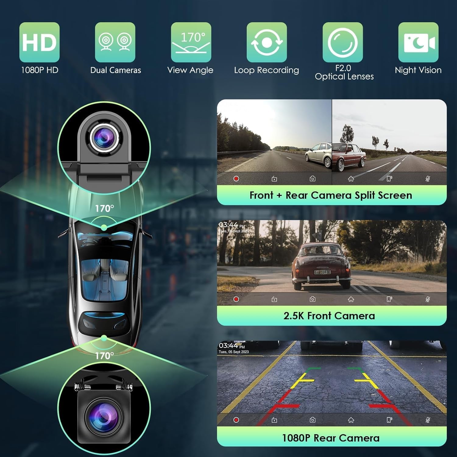 New Wireless App-Le Carplay & Android Auto with 2.5K Dash Cam,1080P Backup Camera, Portable 9" HD IPS Big Screen for Car, GPS Navigation, Bluetooth, Airplay, Mirrorcast, AUX/FM Transmitter
