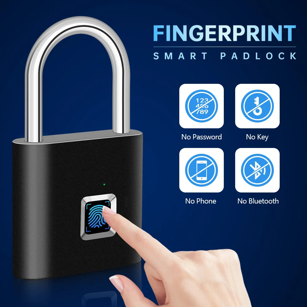 Keyless USB Rechargeable Fingerprint Smart Padlock - Waterproof Anti-Theft Zinc Lock with 0.2 Sec Unlocking Time