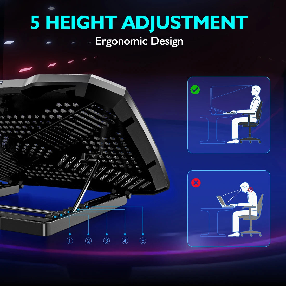 COOLCOOLD Laptop Cooling Pad for 12-17 Inch Laptop Cooler Stand, 5 Quiet Fans, 5 Angle Adjustable with Phone Holder
