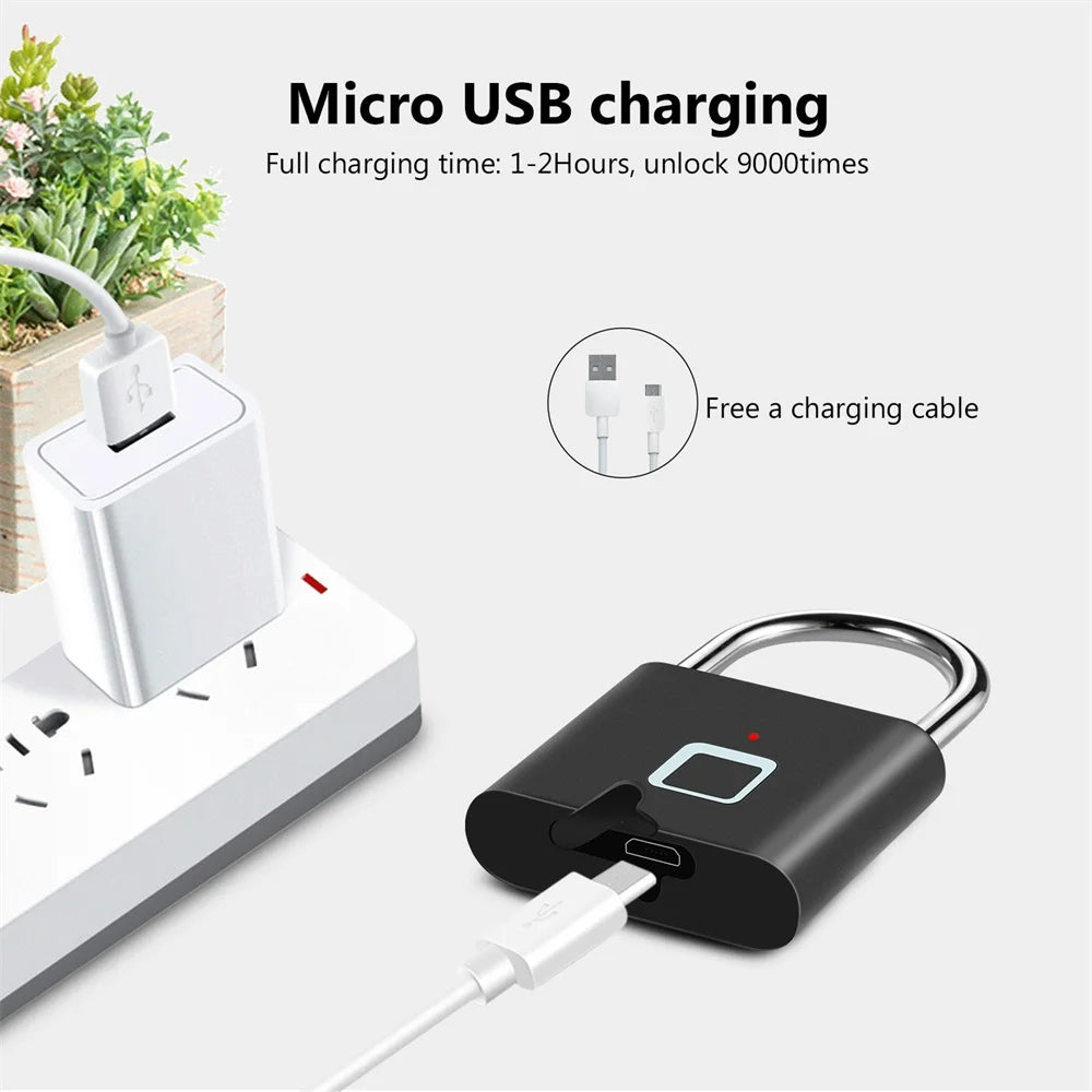 Keyless USB Rechargeable Fingerprint Smart Padlock - Waterproof Anti-Theft Zinc Lock with 0.2 Sec Unlocking Time