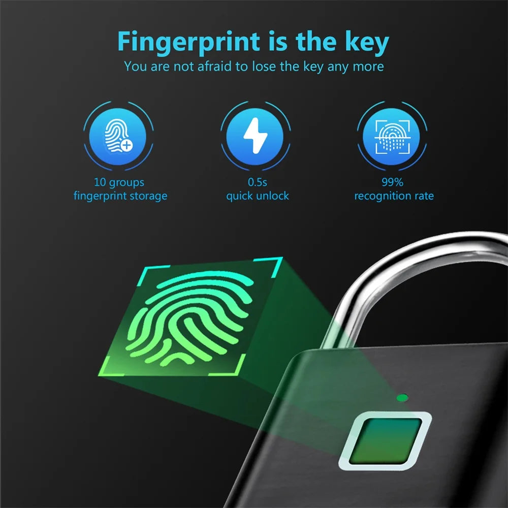 Keyless USB Rechargeable Fingerprint Smart Padlock - Waterproof Anti-Theft Zinc Lock with 0.2 Sec Unlocking Time